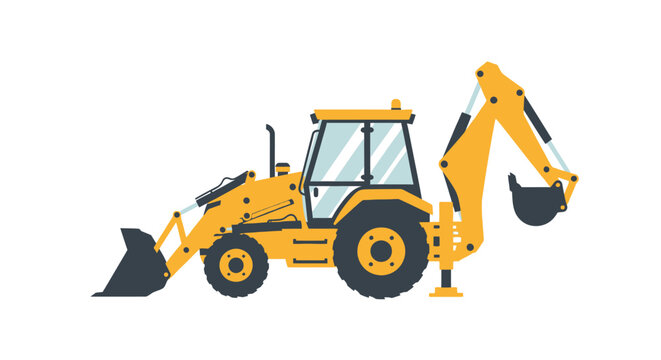 Yellow Backhoe Loader Vector Illustration, Construction Excavator and Front End Loader Vehicle Isolated on White Background