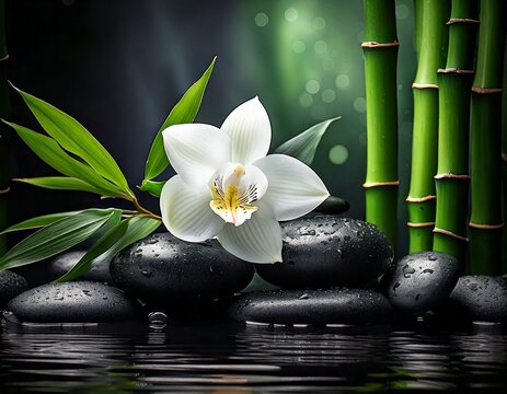 Tranquil Zen Spa Scene with White Orchid, Bamboo Stalks, and Smooth Black Stones on Water