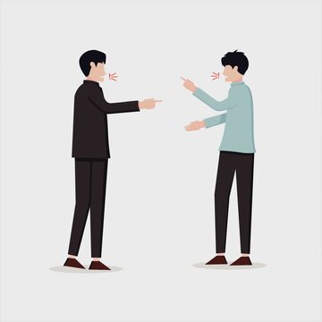 Animated flat illustration of two men having a heated argument, shouting and pointing fingers at each other. Perfect for conflict management, office dispute, or communication breakdown concepts.