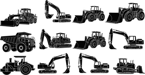 Construction Equipment Silhouettes Set Featuring Excavators, Dump Trucks, Bulldozers, and Heavy Machinery for Industrial, Engineering, and Construction Themes © Mirza