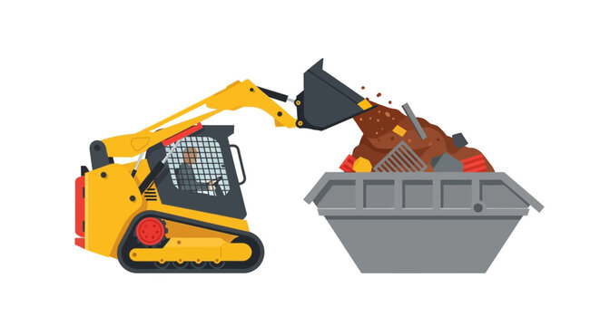 Yellow Tracked Skid Steer Loader Dumping Waste into Skip Bin, Construction Machinery Vector Illustration