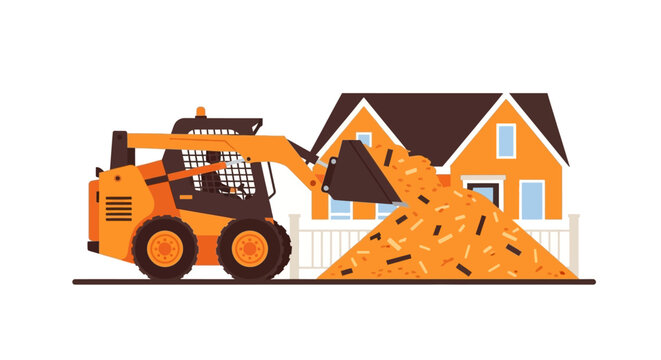 Industrial Skid Steer Loader Dumping Wood Chips or Mulch for Landscaping in Front of a Residential House, Construction and Home Improvement Vector Illustration
