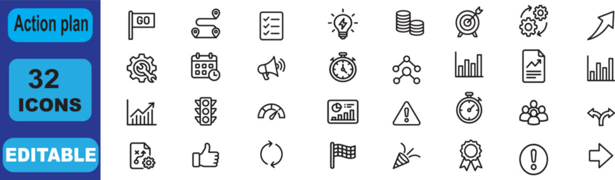 Action plan icon set. Editable action plan icons set for business and productivity editable vectors