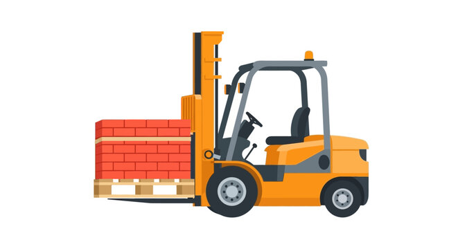 Yellow Forklift Truck Lifting Red Bricks on a Pallet - Industrial Warehouse and Construction Equipment Vector Illustration