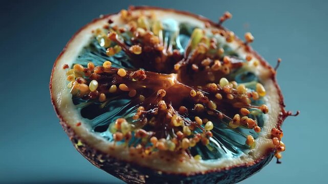 4K Ultra HD Macro shot of a sliced exotic fruit with translucent blue pulp and brown seeds against a solid blue background video