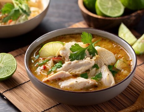 spicy chicken coconut soup with lime and herbs