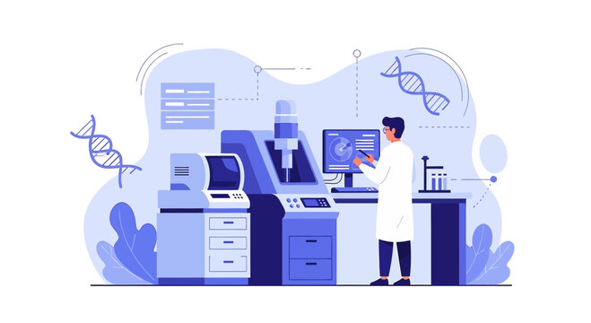 Scientist in Lab Coat Working with DNA Sequencer and Advanced Medical Equipment