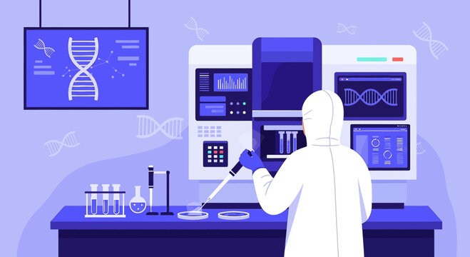 Scientist in lab coat working with DNA sequencing machine and petri dish in modern laboratory