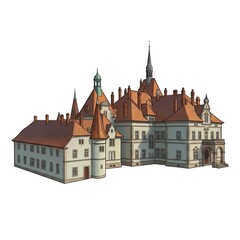 Obraz premium The fairy-tale Schonborn Palace in Chynadiievo featuring Romantic-style architecture with numerous towers and steep red roofs