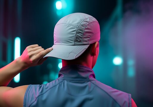 A man wearing a light gray baseball cap and blue vest touches the brim of his hat