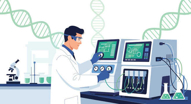Scientist in Lab Coat Operating Advanced DNA Sequencing Machine with DNA Strands