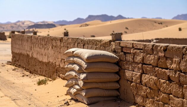 Stacked sandbags positioned neatly against a weathered mud brick wall in a vast desert landscape, cinematic widescreen view capturing the rugged beauty of a remote rural settlement in the sun.