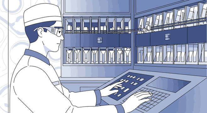 Scientist in Lab Coat Operating Control Panel for Medical Testing and Analysis