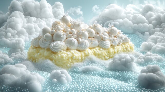 Creamy dessert, cloud backdrop, airy foam, studio shot, food photography