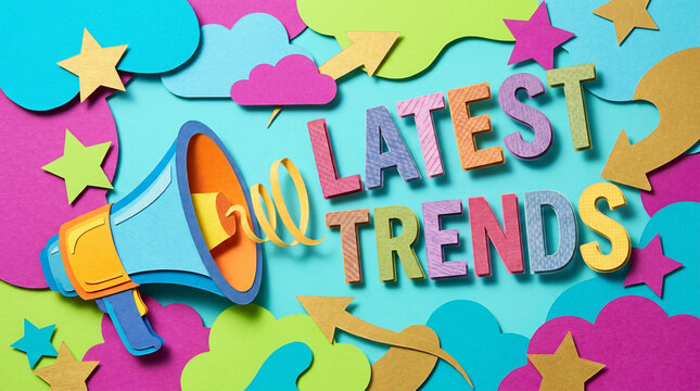 Handmade paper cut art of megaphone and colorful clouds with "Latest Trends" text on turquoise background, creative marketing and news announcement concept