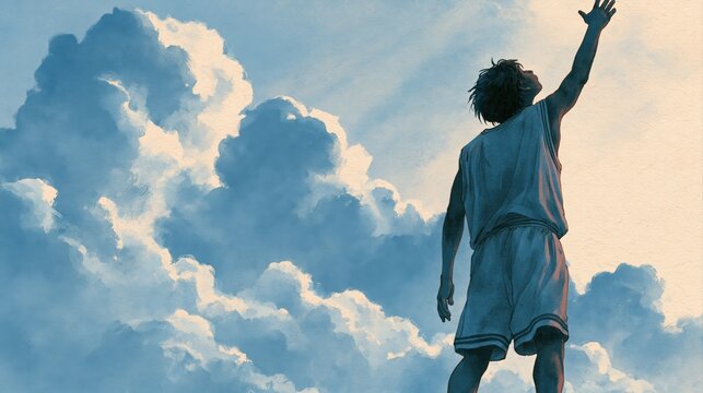 空に向かって手を伸ばすバスケット選手