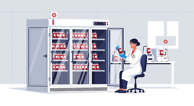 Scientist in Lab Coat Examines Blood Bags in Refrigerator, Blood Bank Storage, Medical Research
