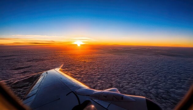 Aerial view of a stunning sunset from an airplane window.