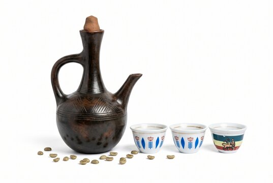 Traditional Ethiopian coffee set with jebena clay pot and ceramic cups