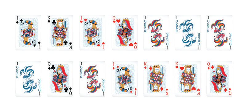 Stylized illustration of the King and Queen of Hearts playing cards. Playing Cards full deck and back white background mock up, vector illustration.