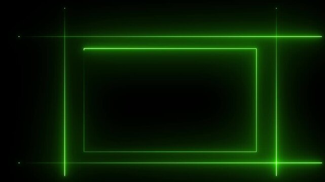 green neon frame animation, glowing light border, bright rectangular neon outline, soft electric shine edge, clean black background, minimal light box effect, futuristic neon border loop. 3d video....