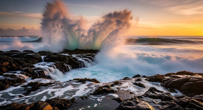 Fiery coastal sunset ignites the sky as towering waves explode against dark volcanic rocks, sending misty plumes of spray over swirling turquoise water and glowing tide pools along the rugged ocean sh