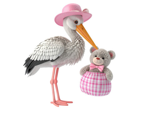 Stork wearing a pink hat carrying a teddy bear in a pink gingham diaper