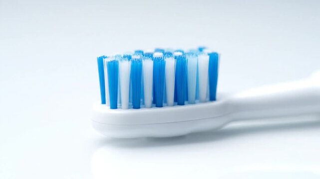 Close-up of an electric toothbrush head with blue and white bristles on a white surface dental care hygiene