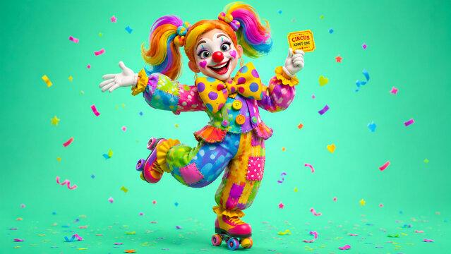 Colorful 3D clown dancing with confetti on a turquoise background.