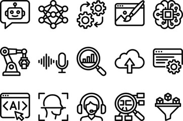 Fototapeta premium AI, automation, and technology icons, 16 line style symbols
