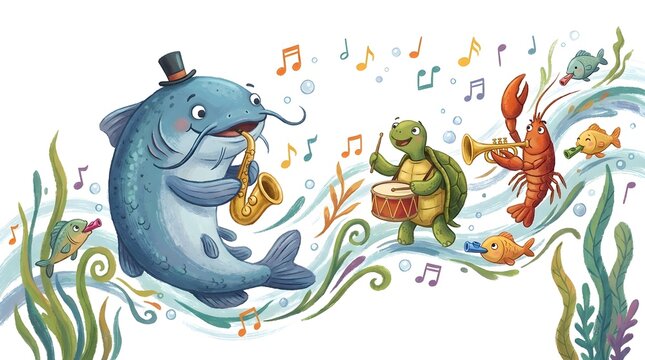 Whimsical Blue Catfish Playing Saxophone in Underwater Jazz Parade with Colorful River Plants, Playful Storybook Cartoon Illustration in Vibrant Teal and Orange Palette