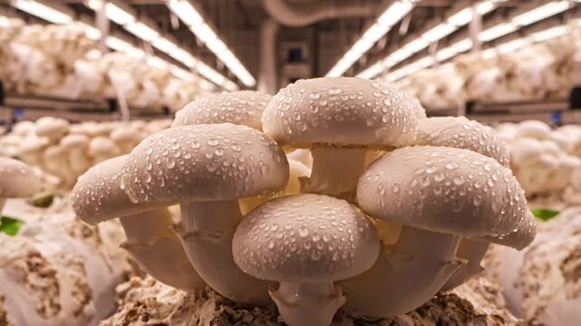Commercial Mushroom Farm Rows Displaying Close-Up of Cultivated White Mushrooms with Water Droplets on Caps