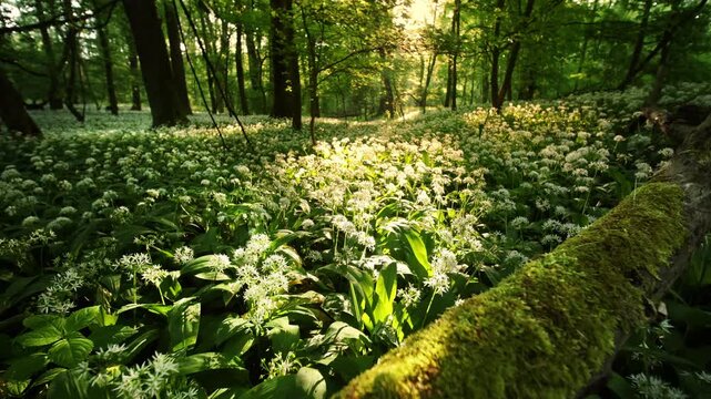 Beautiful Sunrise In Sunny Spring Forest. Sunlight Sunbeams Through Woods In Forest Landscape with Beautiful Blooming Wild Garlic