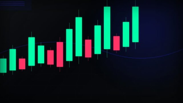 Financial candlestick chart and data graph on dark background