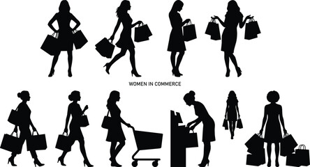 Set of diverse women silhouettes in commerce carrying shopping bags and using a shopping cart for retail and consumer behavior marketing © MstNilufar