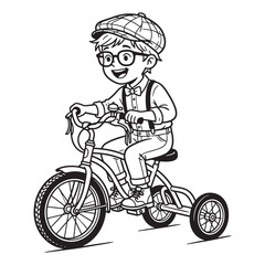 Naklejka premium Happy child riding small bicycle with training wheels