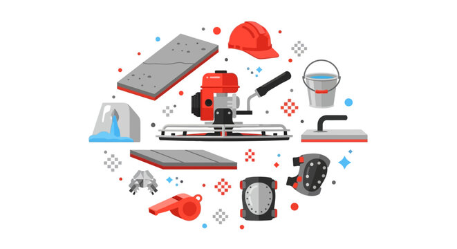 Industrial Concrete Floor Finishing Equipment and Masonry Tools Flat Vector Illustration Set