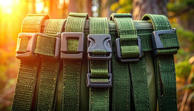 Rugged olive green ballistic nylon equipment straps with secure plastic side release buckles, featuring reinforced heavy duty stitching for high performance tactical gear and outdoor adventure use.