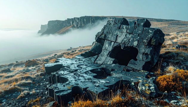 Abstract interlocking basalt stone puzzle formation atop a misty highland landscape, featuring missing segments that create a dramatic and surreal geological concept art piece for creative projects.