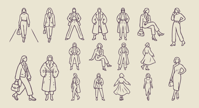 Elegant Professional Women in Business Attire Minimalist Hand Drawn Line Art
