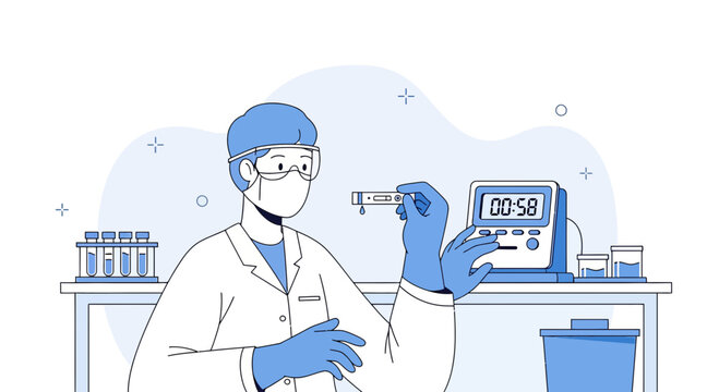 Scientist in Lab Coat Conducting Medical Test with Digital Timer and Samples