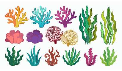 Cute coral reef and seaweed cartoon vector ocean plant set © abdul