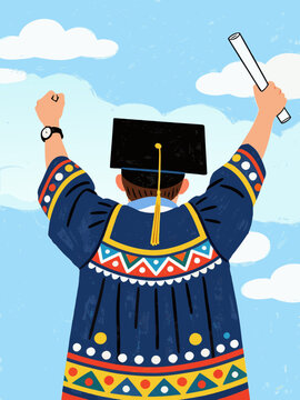 Graduate wearing traditional cap and gown with colorful patterns raises arms in celebration against a blue sky with clouds, holding diploma in one hand
