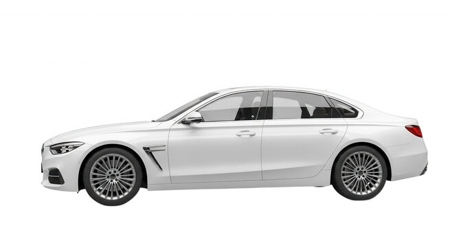 Side view of a white luxury sedan car isolated on a black background, featuring alloy wheels, tinted windows, and a sleek aerodynamic body shape