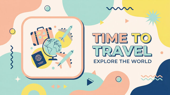 Vibrant travel poster with suitcase globe and airplane