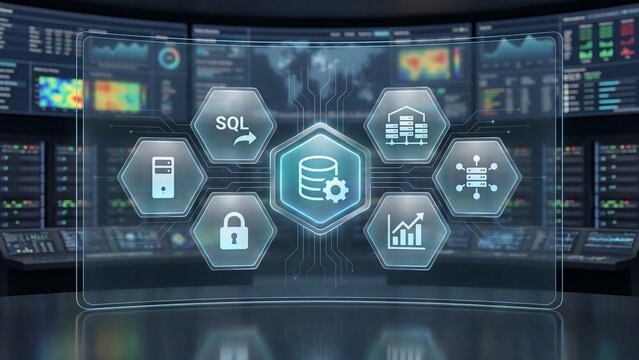 SQL database management security analytics and distributed server architecture concept on control room display for enterprise IT infrastructure