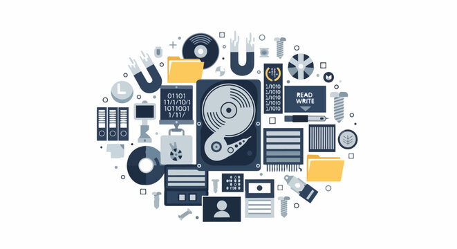 Flat Computer Hardware and Data Storage Concept Illustration with Hard Drives, Binary Code, and Folders for Information Technology and Data Management