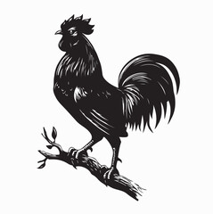 Powerful Rooster Perched on Tree Branch Silhouette Vector Design © Edo