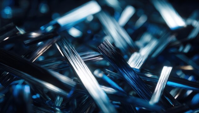Close-up macro view of carbon fiber strands with blue light reflections.