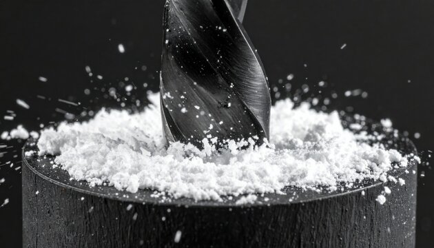 Industrial metal drill bit penetrating a solid dark surface and crushing a layer of white powdery material, creating dynamic debris and a sense of powerful mechanical force in this cinematic shot.